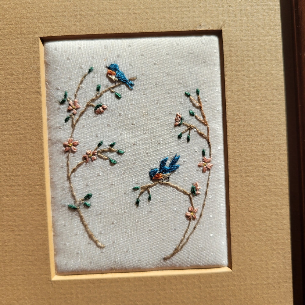 Hand Embroidered Vintage Blue Bird Wall Art - Set of 2 - Picture 3 of 11